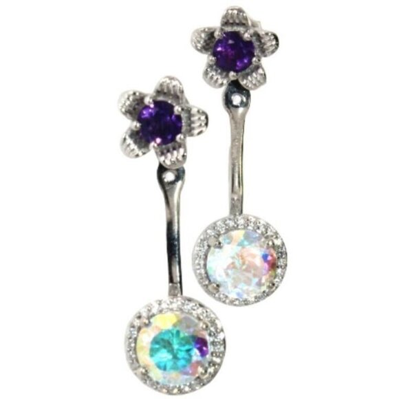 Amethyst Flower Stud Earrings with Beautiul (Removable) Rainbow Topaz Dangles - Picture 1 of 16